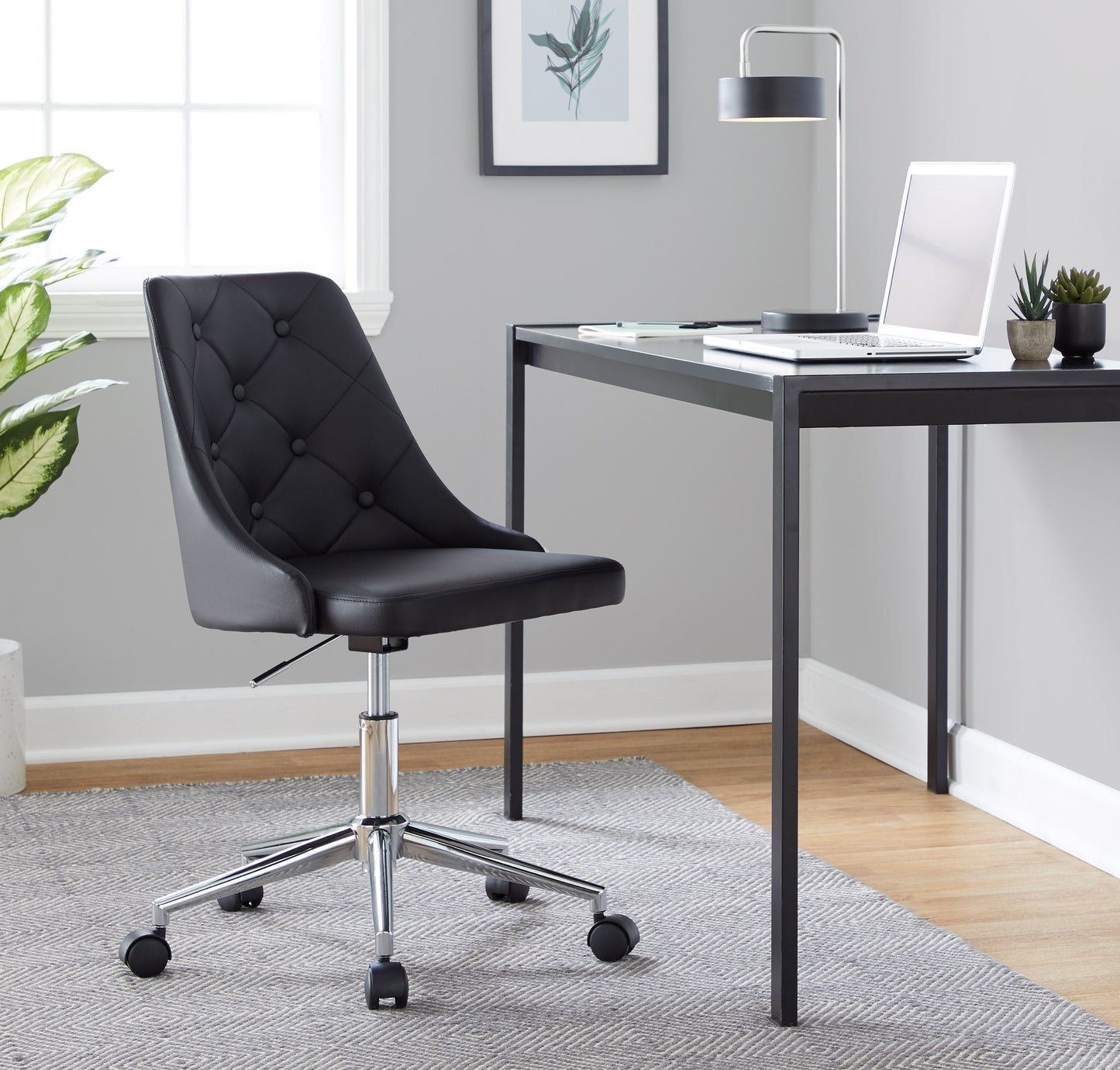 Marche Contemporary Swivel Task Chair with Casters in Chrome Metal and Black Faux Leather by LumiSource