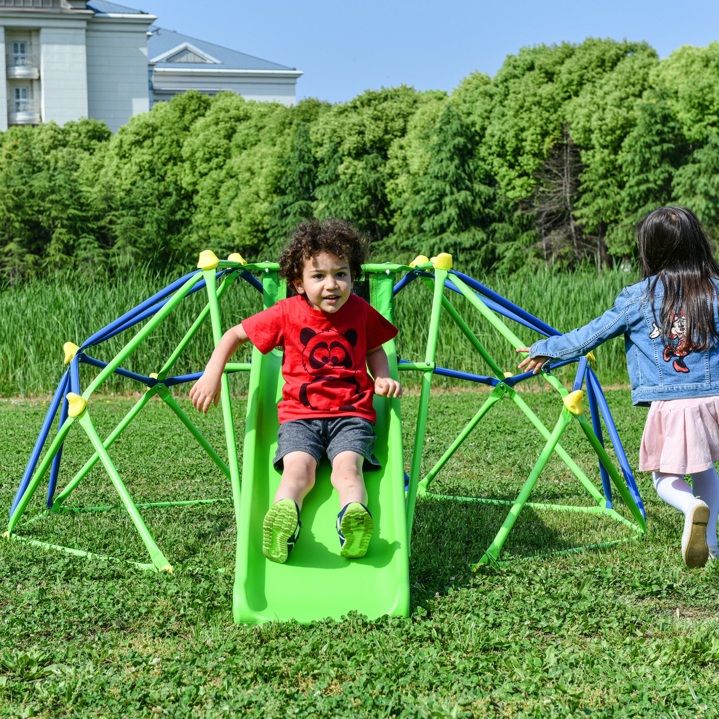 Kids Climbing Dome Jungle Gym with Wave Slide - Outdoor and Indoor Playground for Active Play