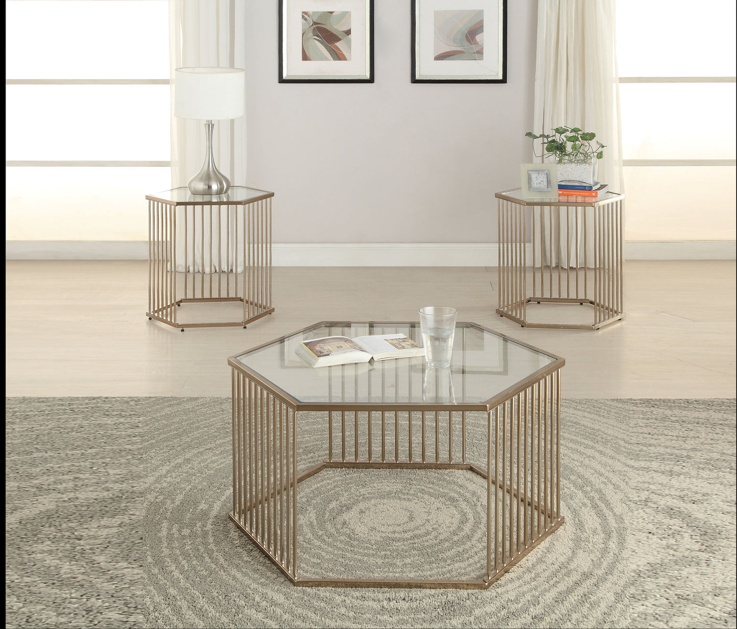 Elegant Champagne Glass Hexagonal Coffee Table