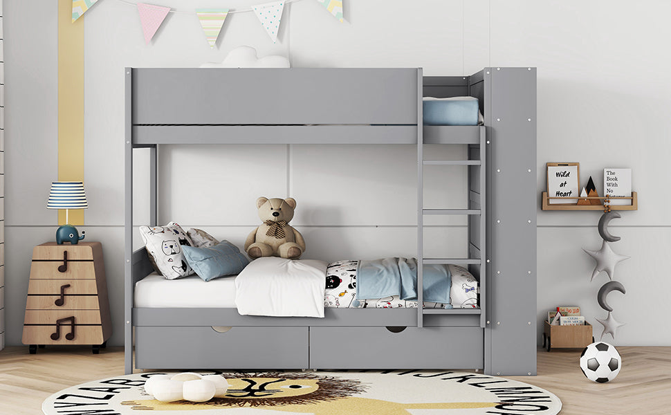 Versatile Gray Twin Bunk Bed with Storage Drawers and Multi-Layer Cabinet