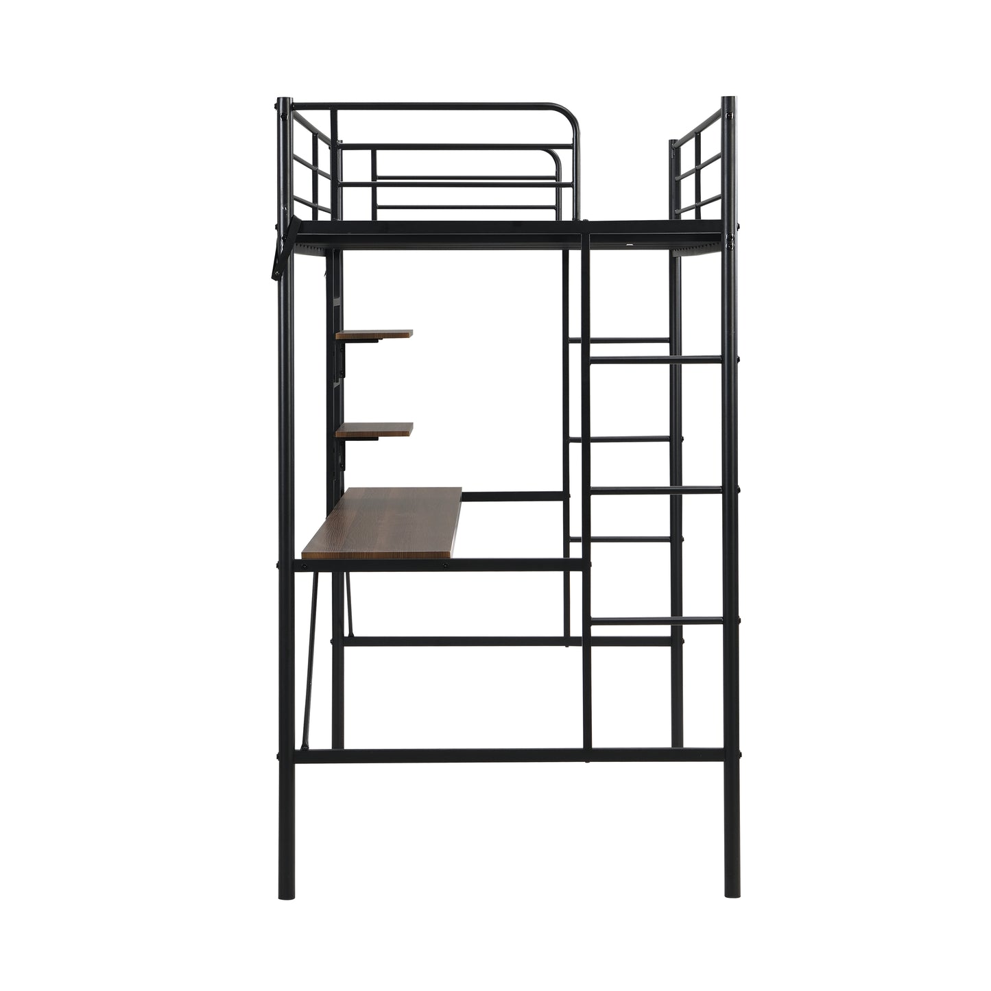 Metal twin loft bed with desk and storage shelves