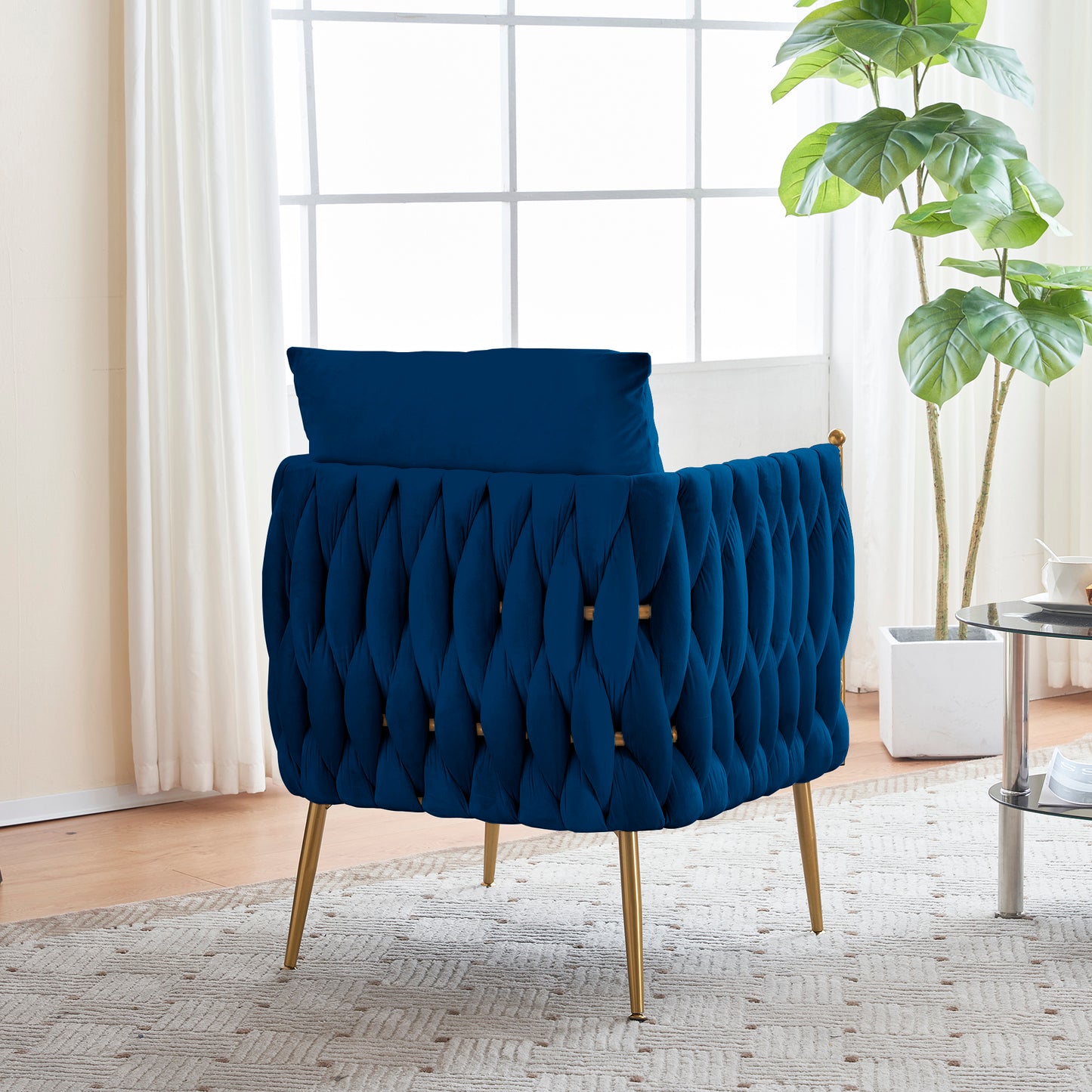 Modern Comfy Handmade Bucket Woven Velvet Accent Chair Arm Chair, Fluffy Tufted Upholstered Single Sofa Chair for Living Room, Bedroom, Office, Waiting Room  Blue Velvet