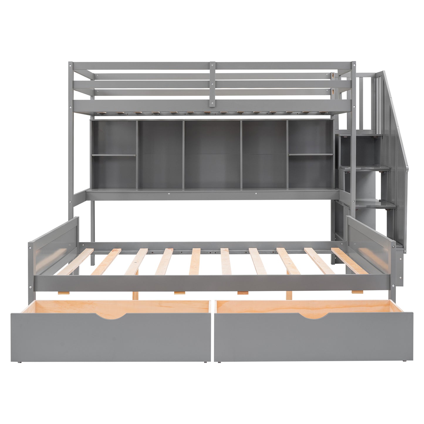 Gray Twin XL over Full Bunk Bed with Study Desk and Storage Solution