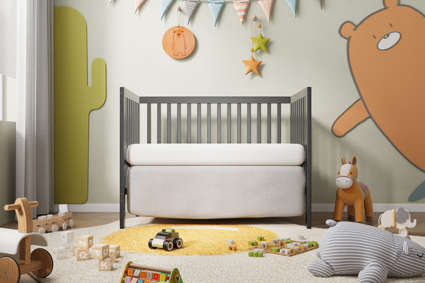 3-In-1 Convertible Crib In Storm Grey, Made Of Sustainable Pinewood, Non-Toxic Finish, Comes With Locking Wheels, Wooden Nursery Furniture