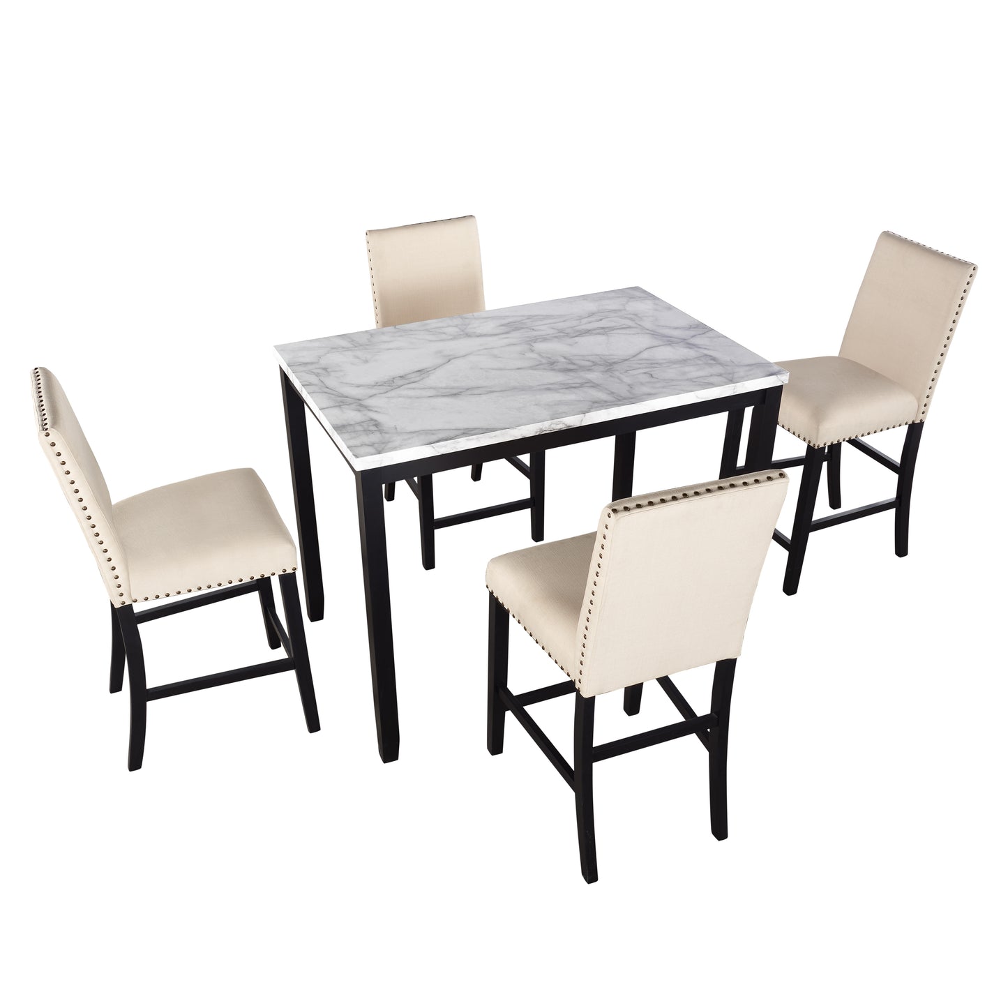 5 Piece Counter Height Faux Marble Modern Dining Set with Matching Chairs and Marble Veneer  for Home, Beige