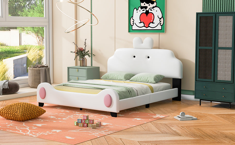 Full Size Upholstered Platform Bed with Cartoon Headboard and Footboard, White+Pink