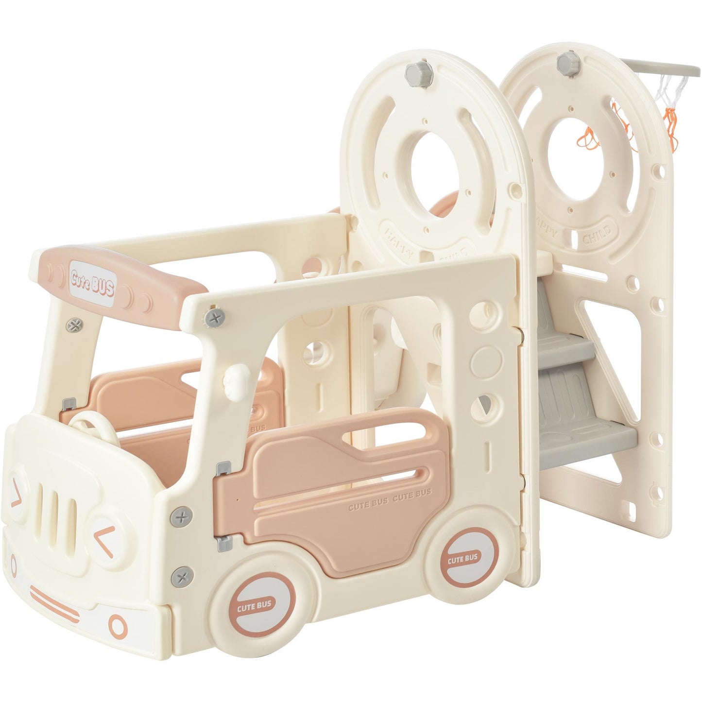 Bus-Themed Kids' Slide Set with Basketball Hoop and Freestanding Play Structure