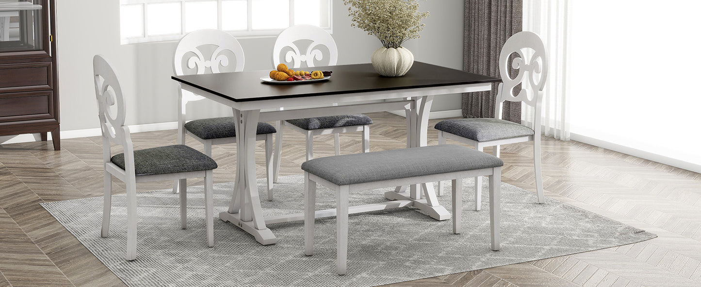 Mid-Century 6-Piece Trestle Table Set with Victorian Round Upholstered Dining Chairs and Long Bench, Gray+Antique White