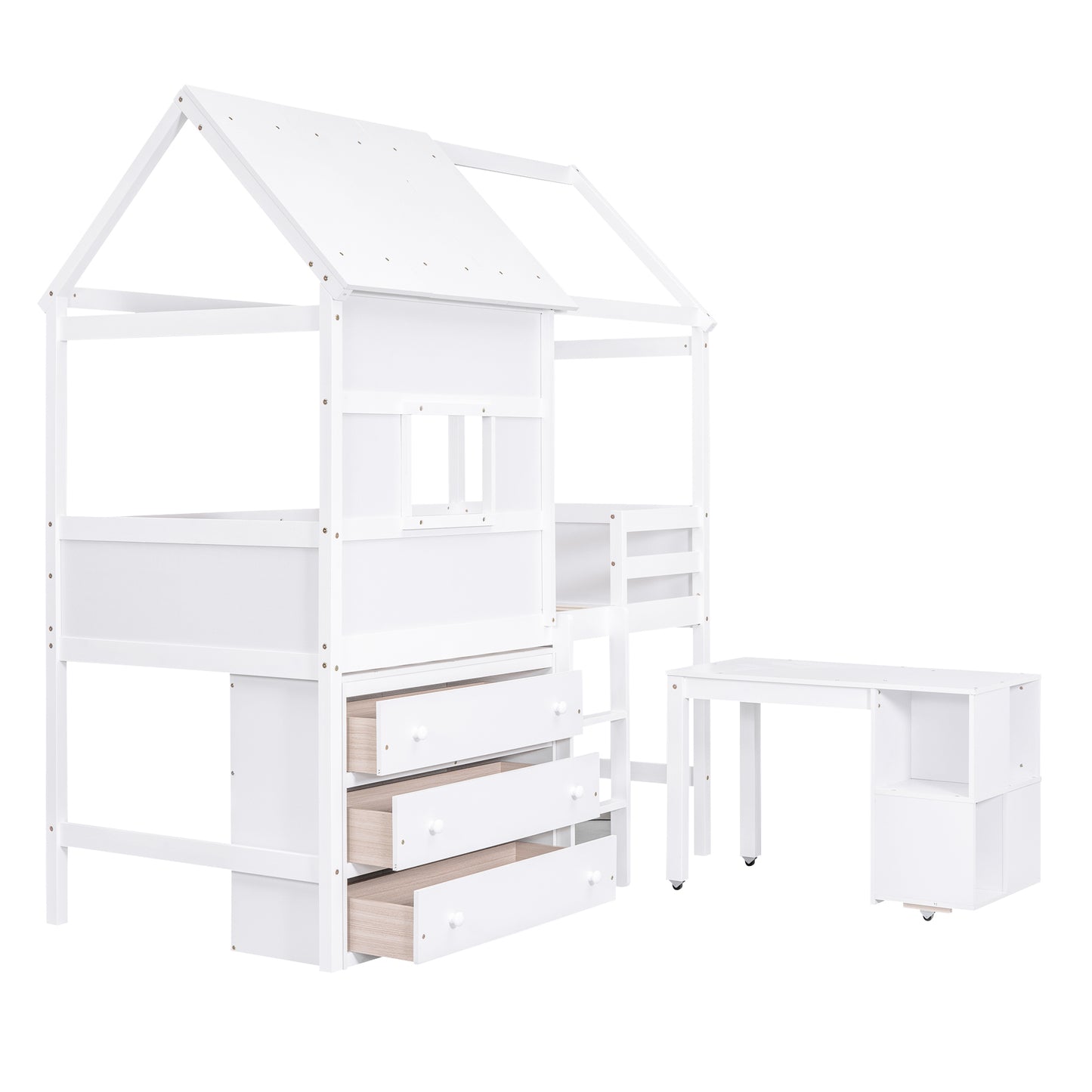 Twin Size House Loft Bed with Storage Desk and 3 Drawer Chest, White