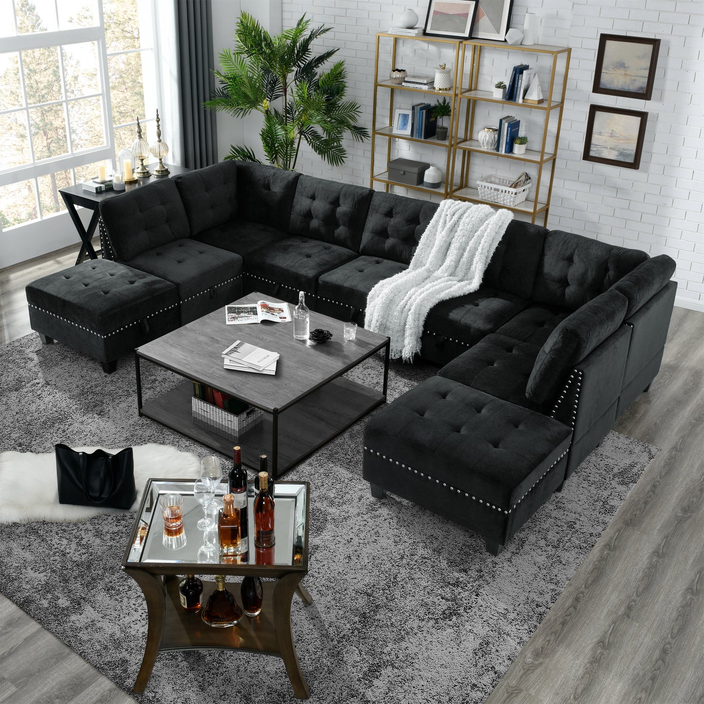 Convertible Modular Sectional Sofa in Black Velvet (31.5x31.5x36.5)