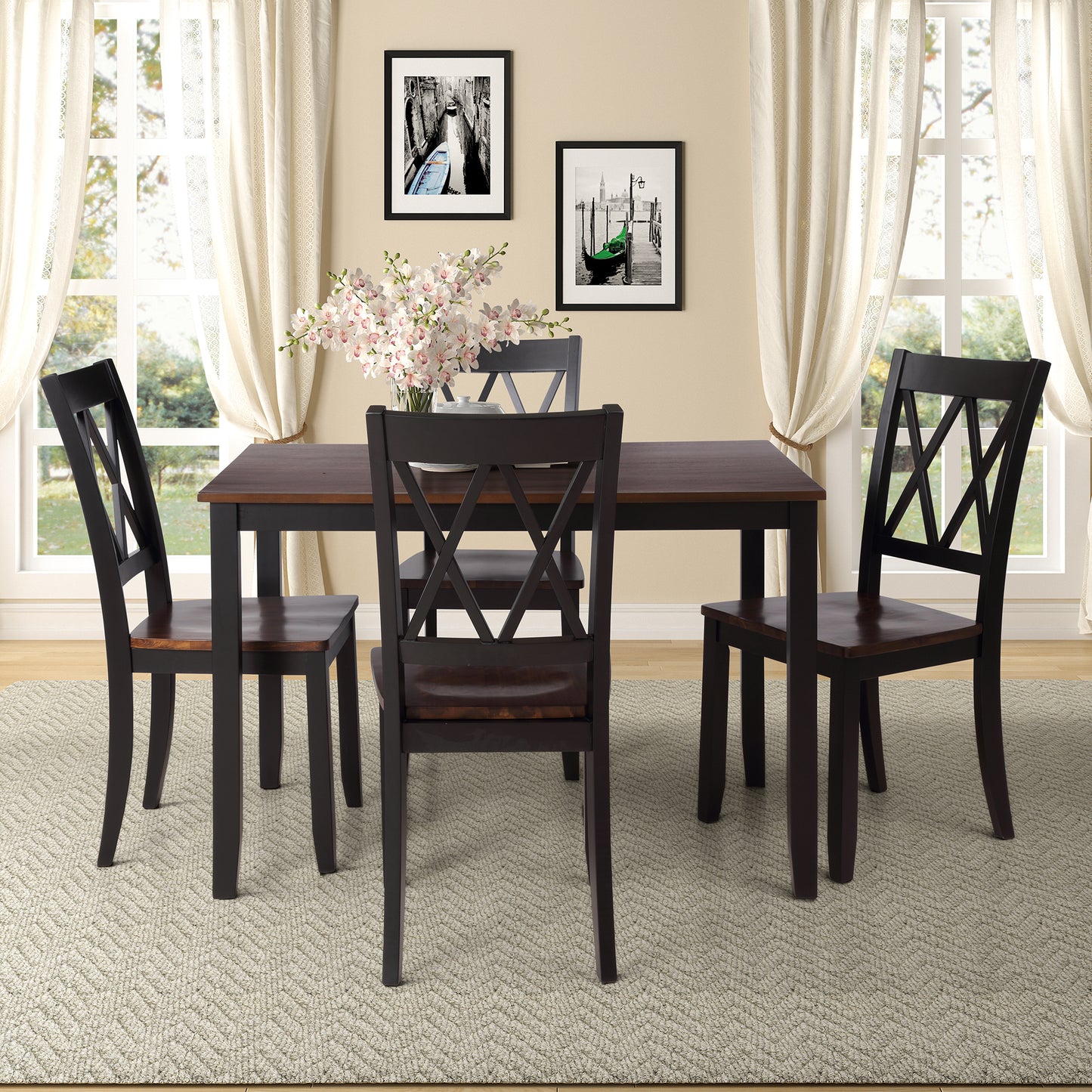 5-Piece Dining Table Set Home Kitchen Table and Chairs Wood Dining Set, Black+Cherry