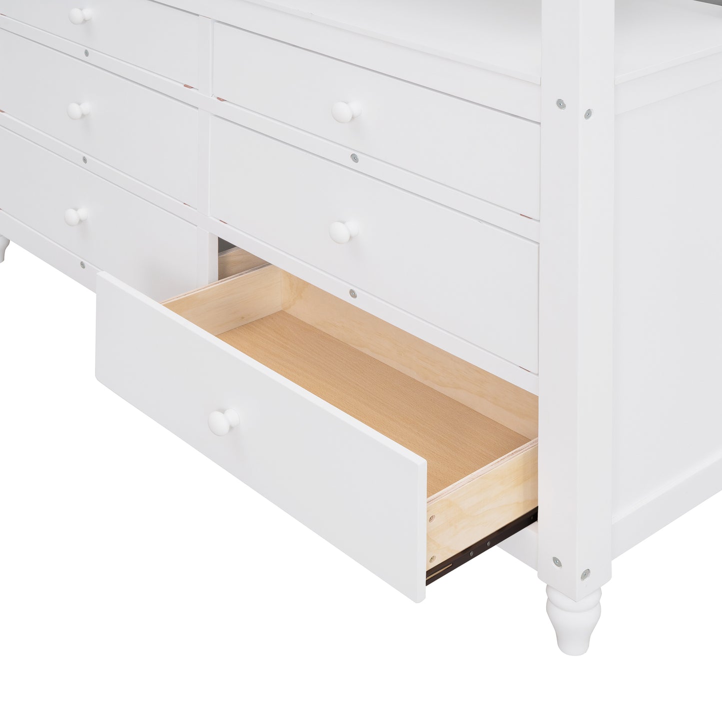 Full size Loft Bed with Drawers and Desk, Wooden Loft Bed with Shelves - White