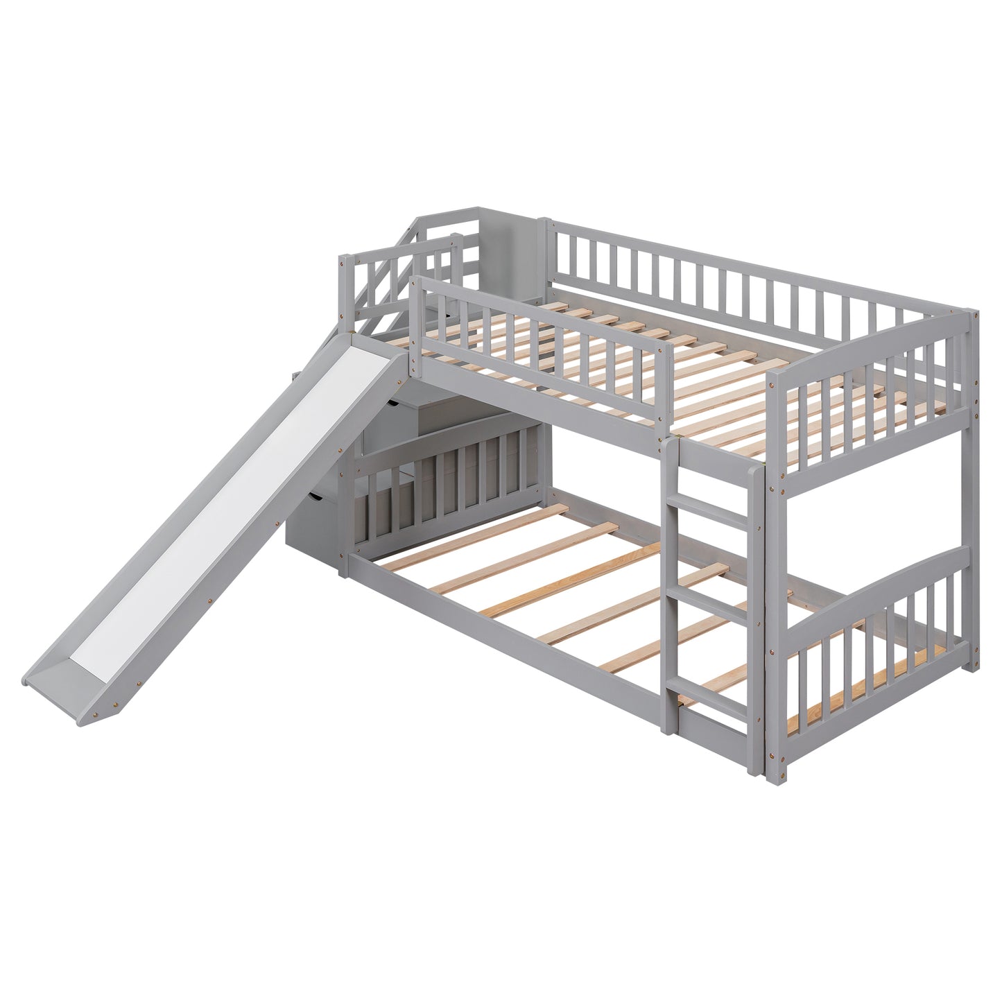 Stairway Twin Bunk Bed with Slide, Drawers, and Gray Finish