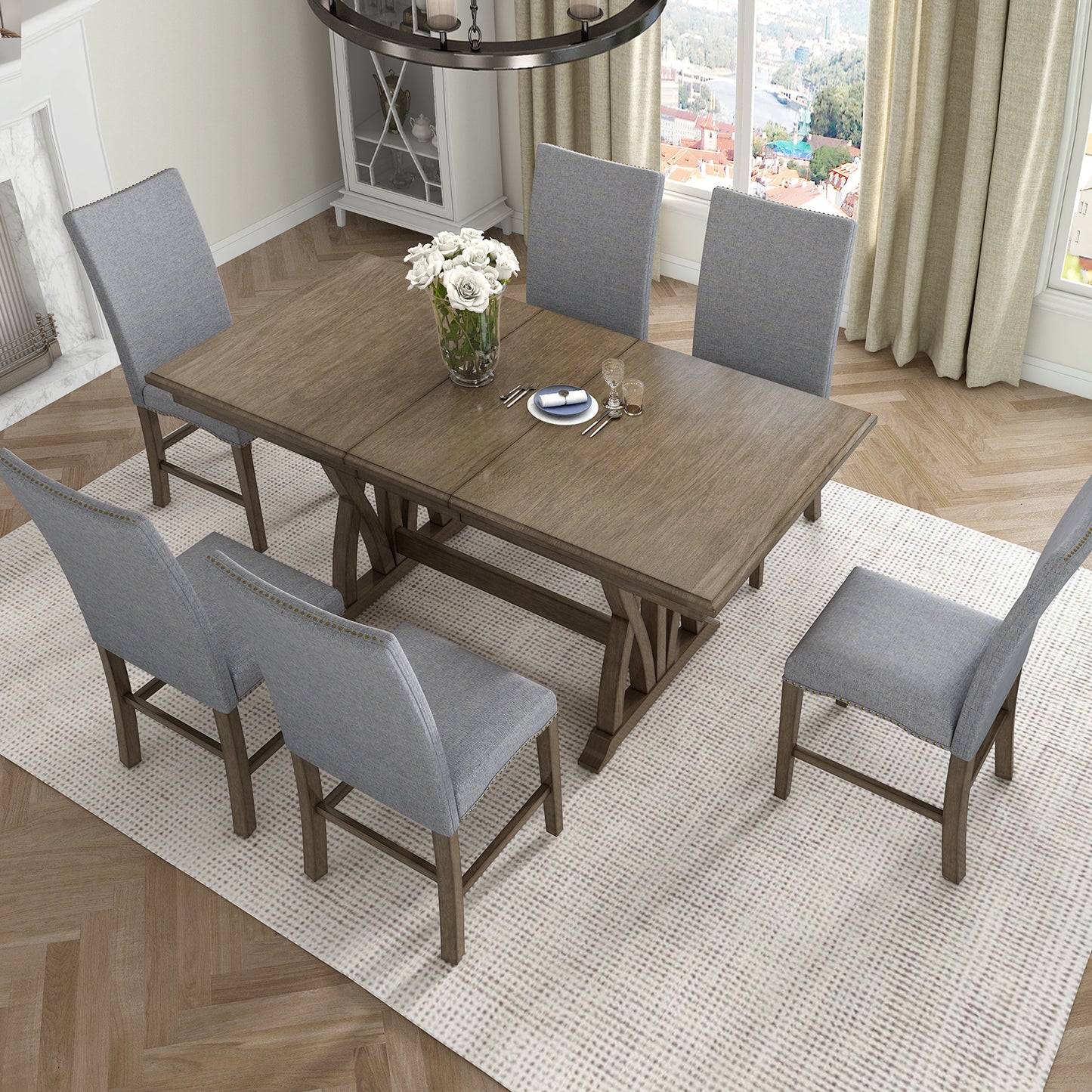 Mid-Century Solid Wood 7-Piece Dining Table Set Extendable Kitchen Table Set with Upholstered Chairs and 12" Leaf for 6, Golden Brown+Gray Cushion