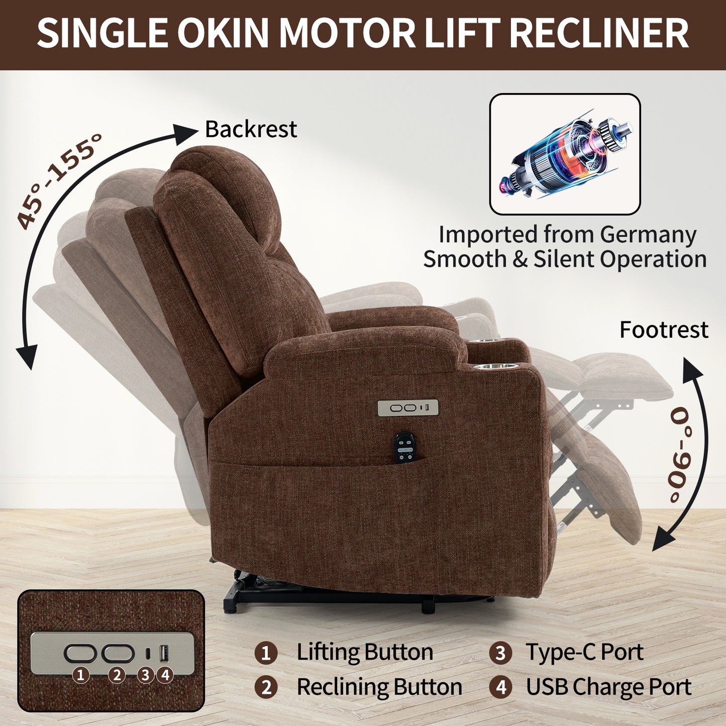 Okin Motor Chenille Power Lift Recliner Chair with Massage, Heating, USB Ports, and Cup Holders - Brown