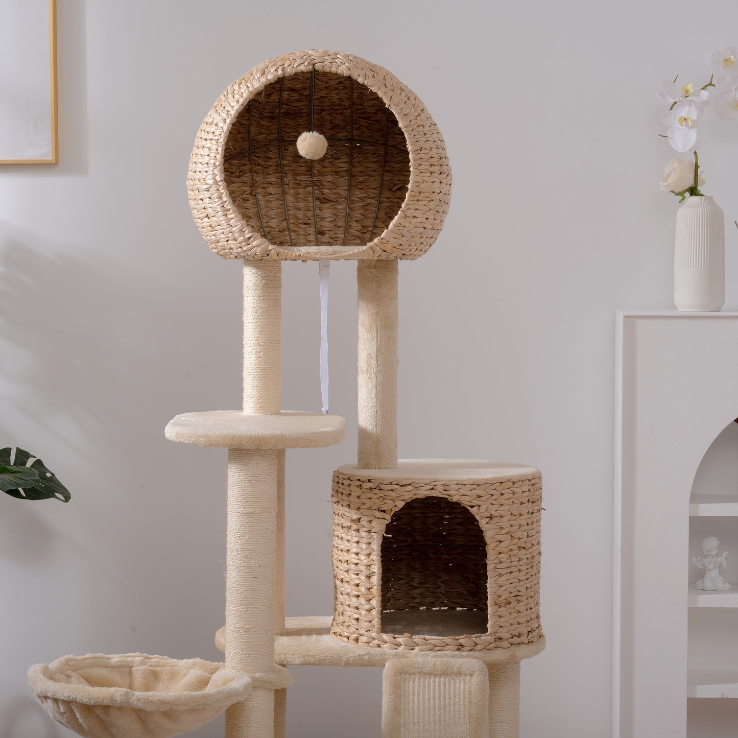 Cat Tree, 59-Inch Cat Tower for Indoor Cats, Plush Multi-Level Cat Condo with 2 Perches, 2 Caves, Cozy Basket and Scratching Board, Beige