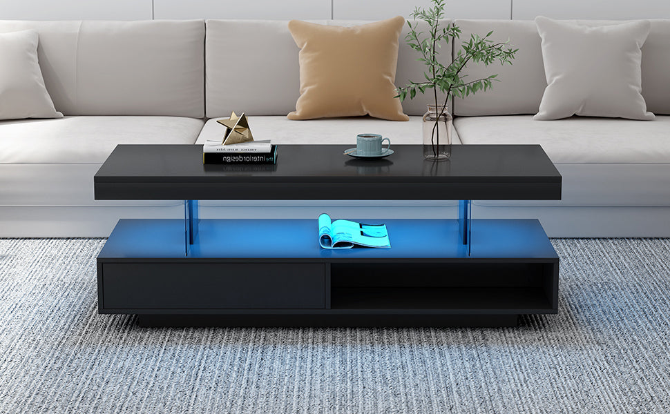 Modern Black LED Coffee Table with Storage and Display Shelves