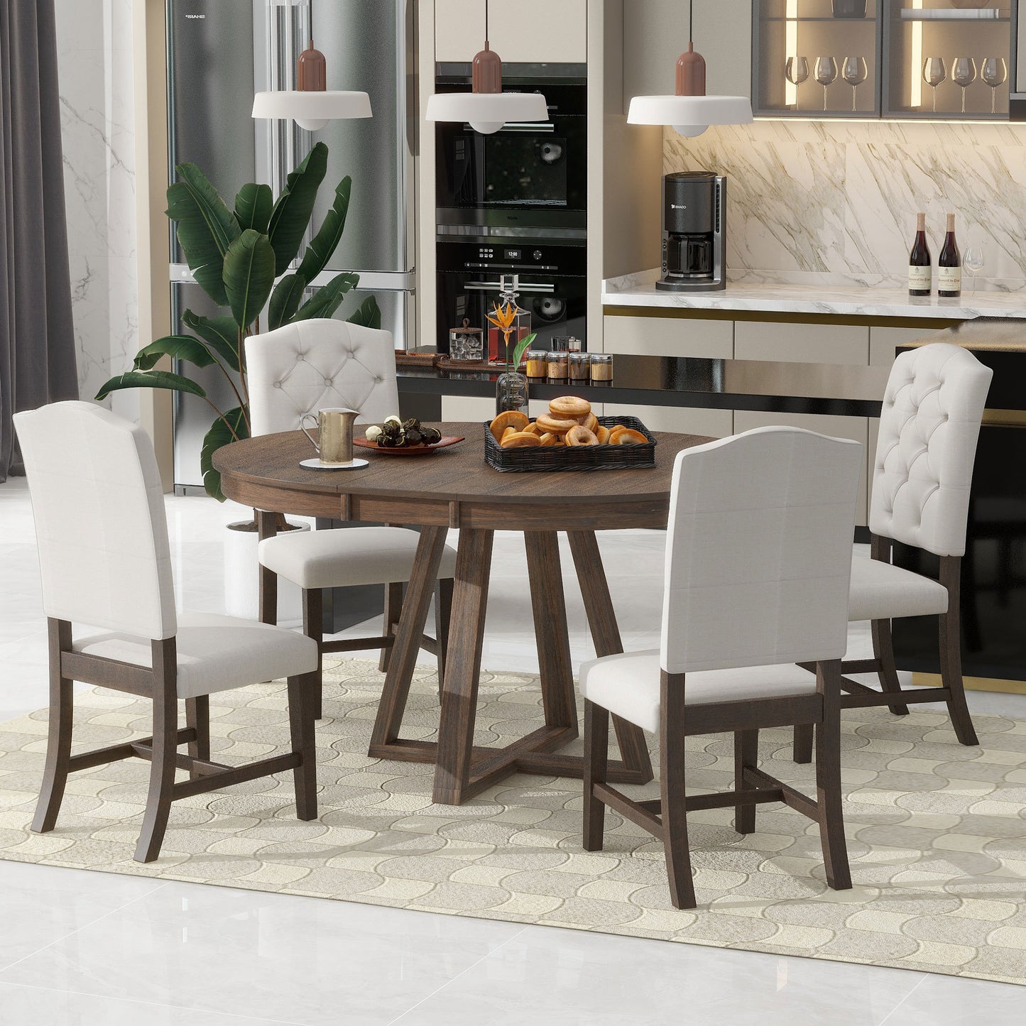 TREXM 5-Piece Retro Functional Dining Set, Round Table with a 16"W Leaf and 4 Upholstered Chairs for Dining Room and Living Room (Walnut)