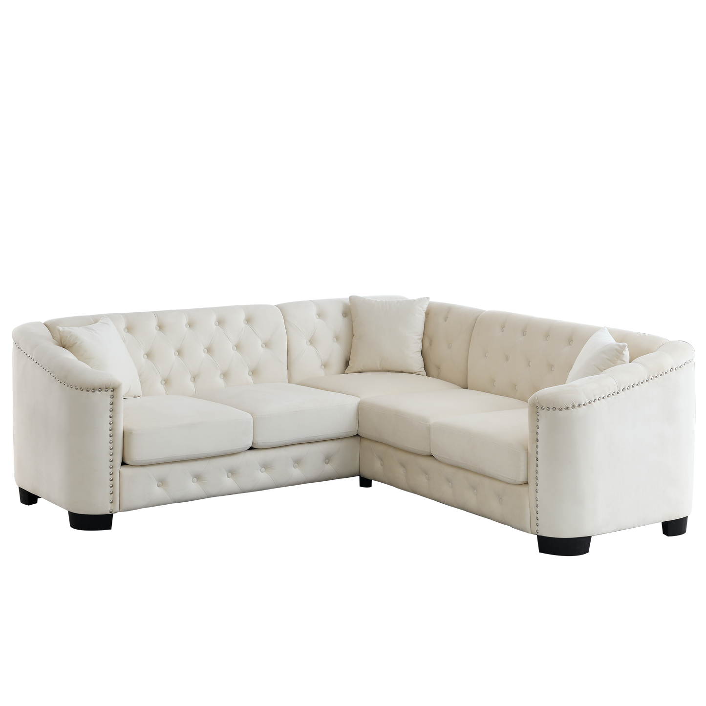 Modern Beige Velvet Chesterfield L-Shaped Sectional Sofa with Nail Head Trim