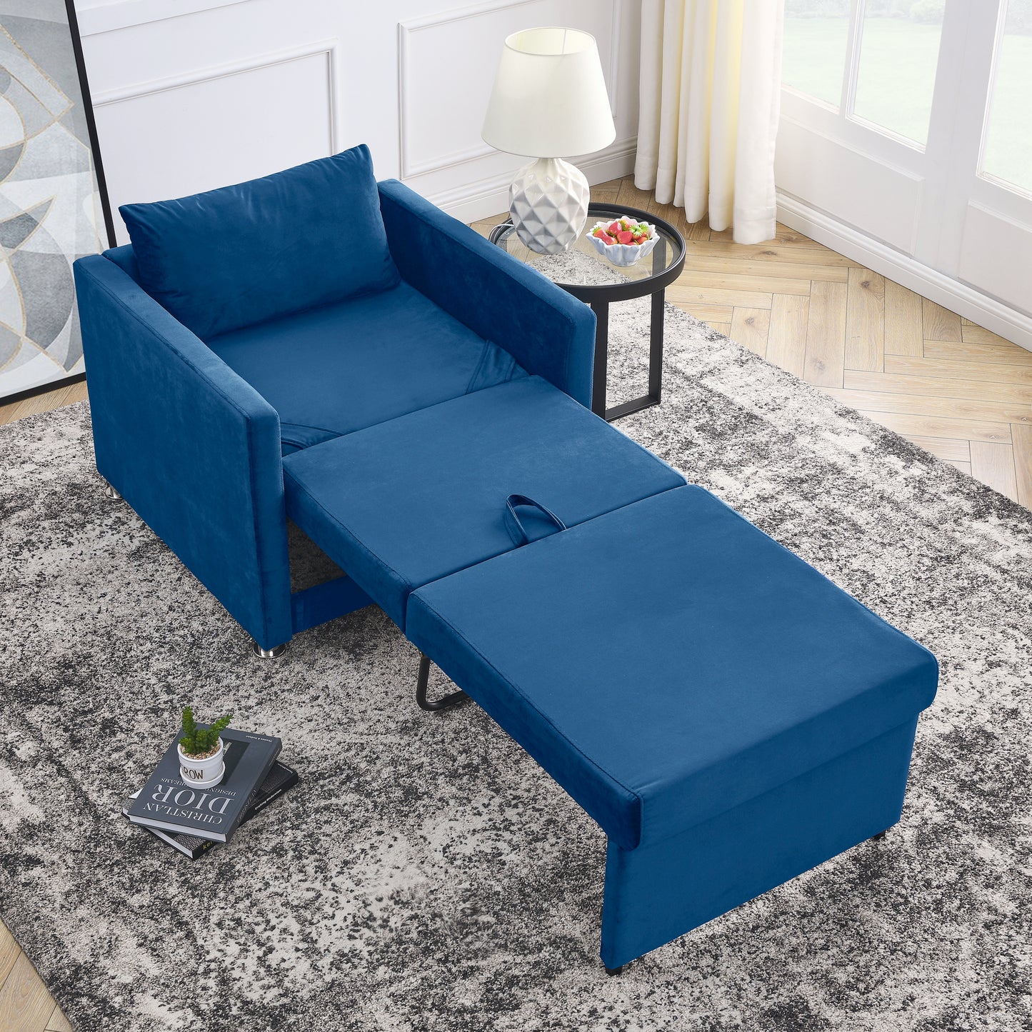 Sofa Bed Chair 2-in-1 Convertible Chair Bed, Lounger Sleeper Chair for Small Space with One Pillow, Blue Velvet