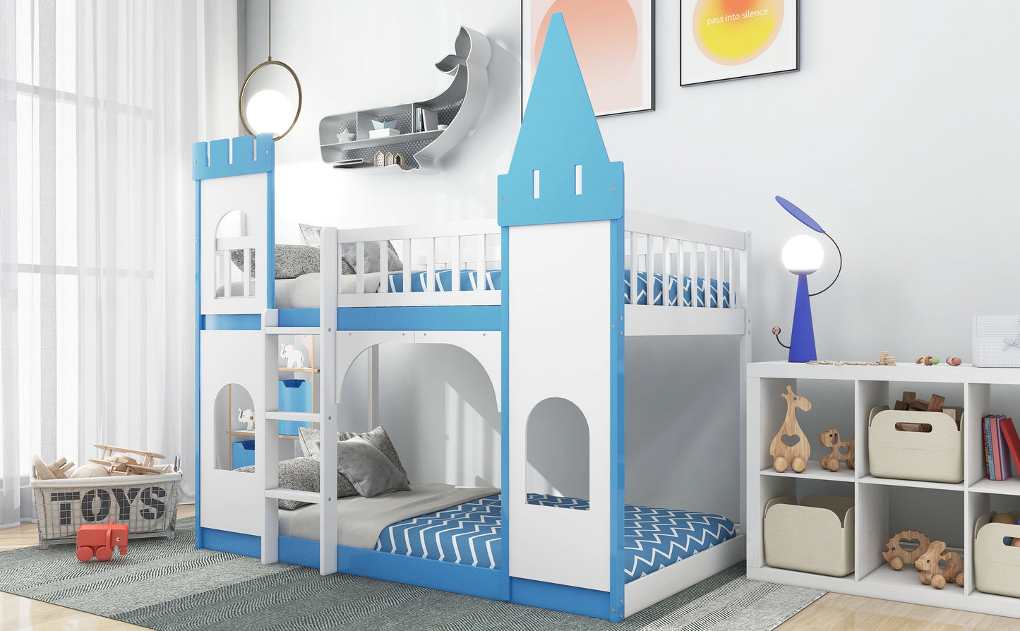 Blue Castle Bunk Bed with Ladder for Children