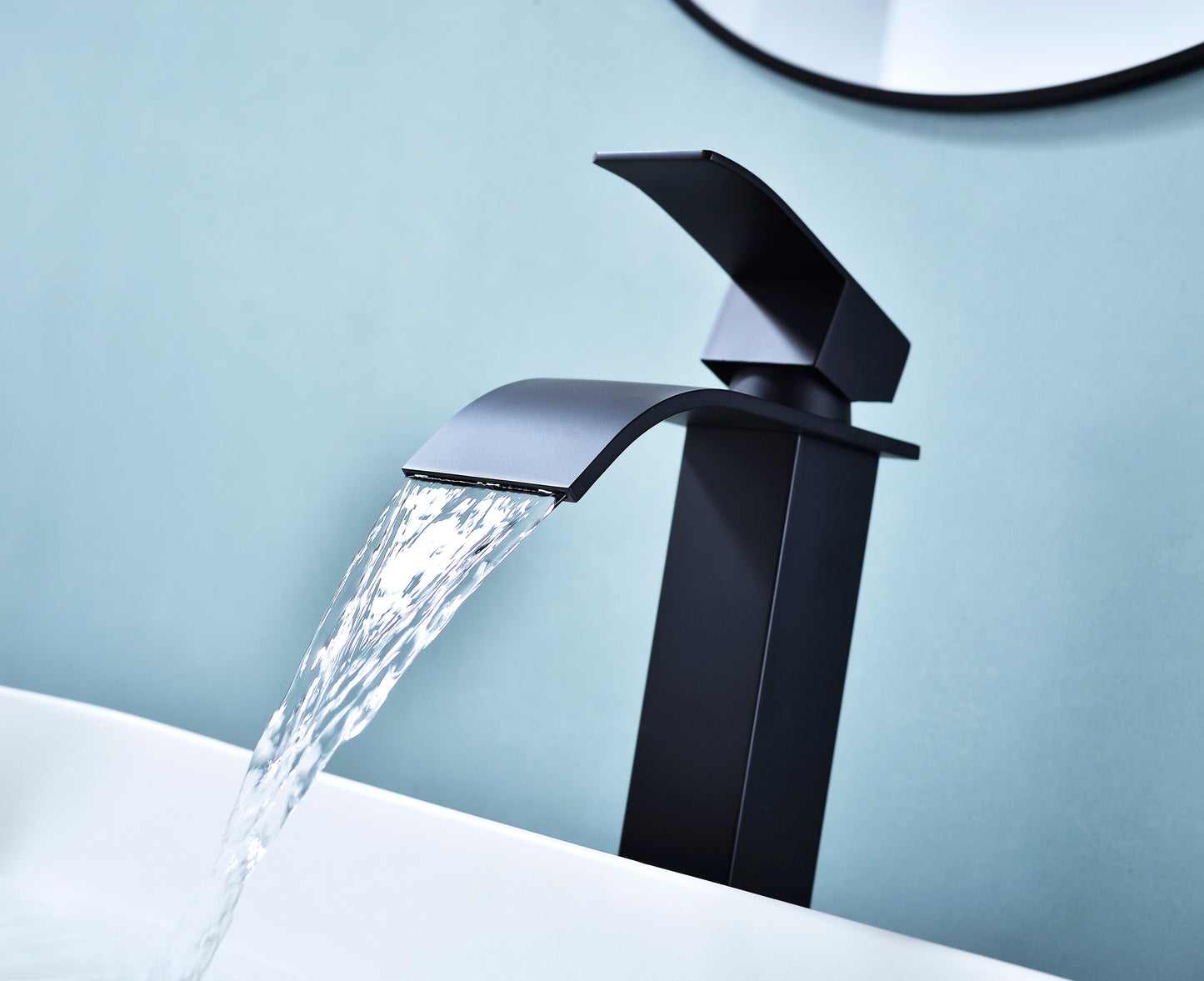 Waterfall Spout Stainless Steel Bathroom Faucet with Matte Black Finish