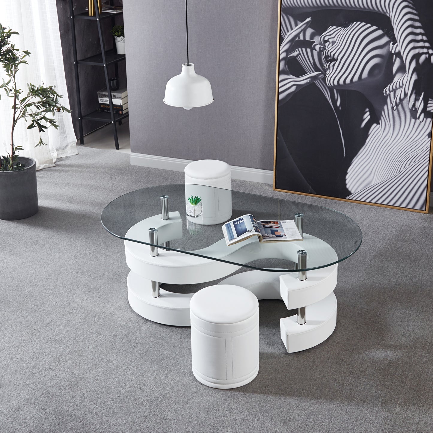 Modern 3-Piece Oval Coffee Table Set with Glass Top and Leather Stools