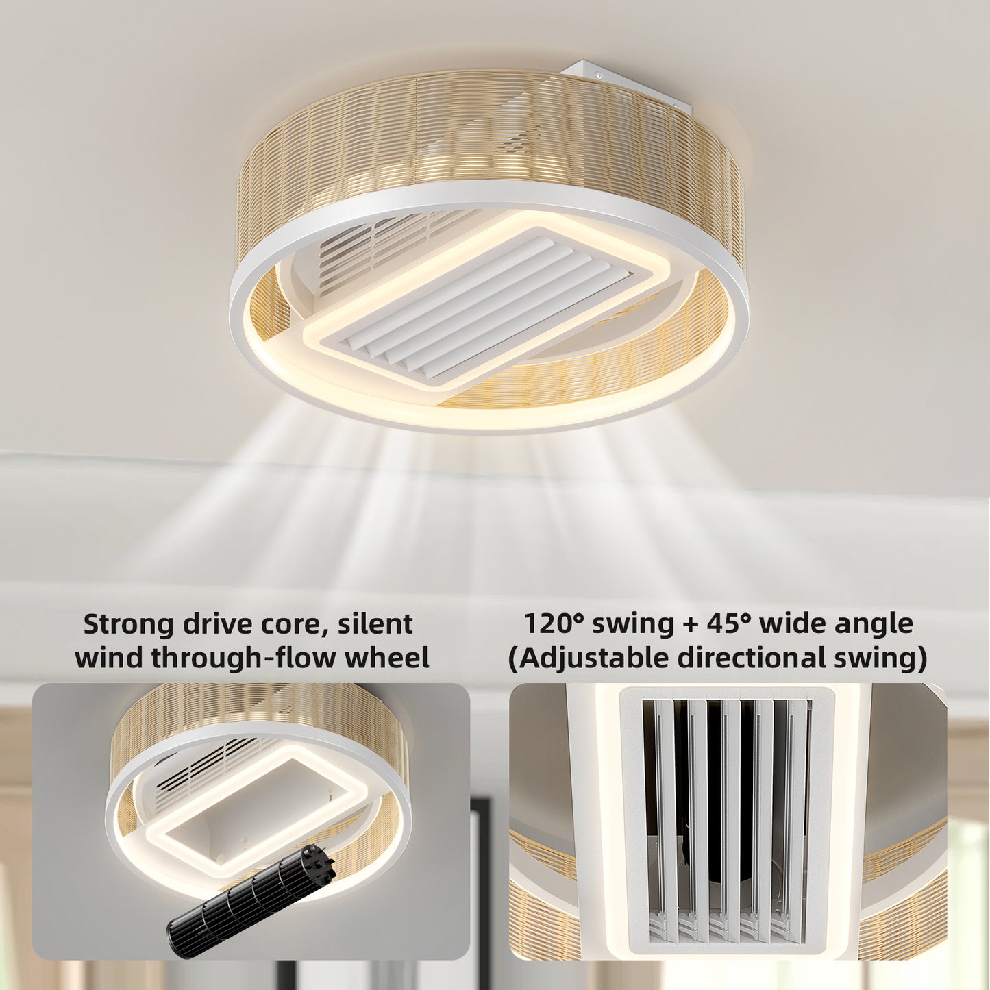 Ceiling Fan with Dimmable LED Lights and Remote Control, 6-Speed Bladeless Design