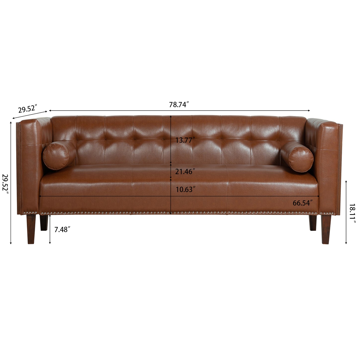 78.74 Brown Leather 3-Seater Sofa with Round Pillows