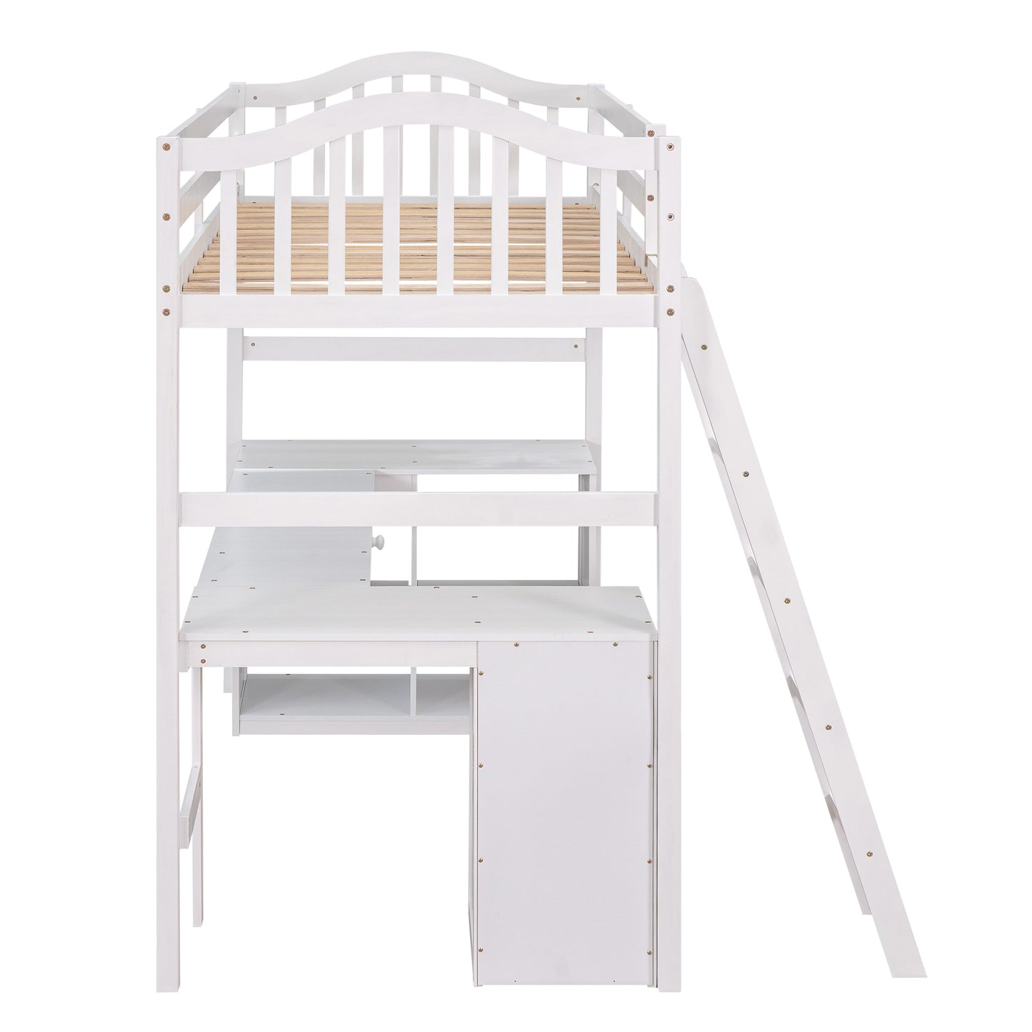 Twin size Loft Bed with Drawers, Cabinet, Shelves and Desk, Wooden Loft Bed with Desk - White( :LT000505AAK)