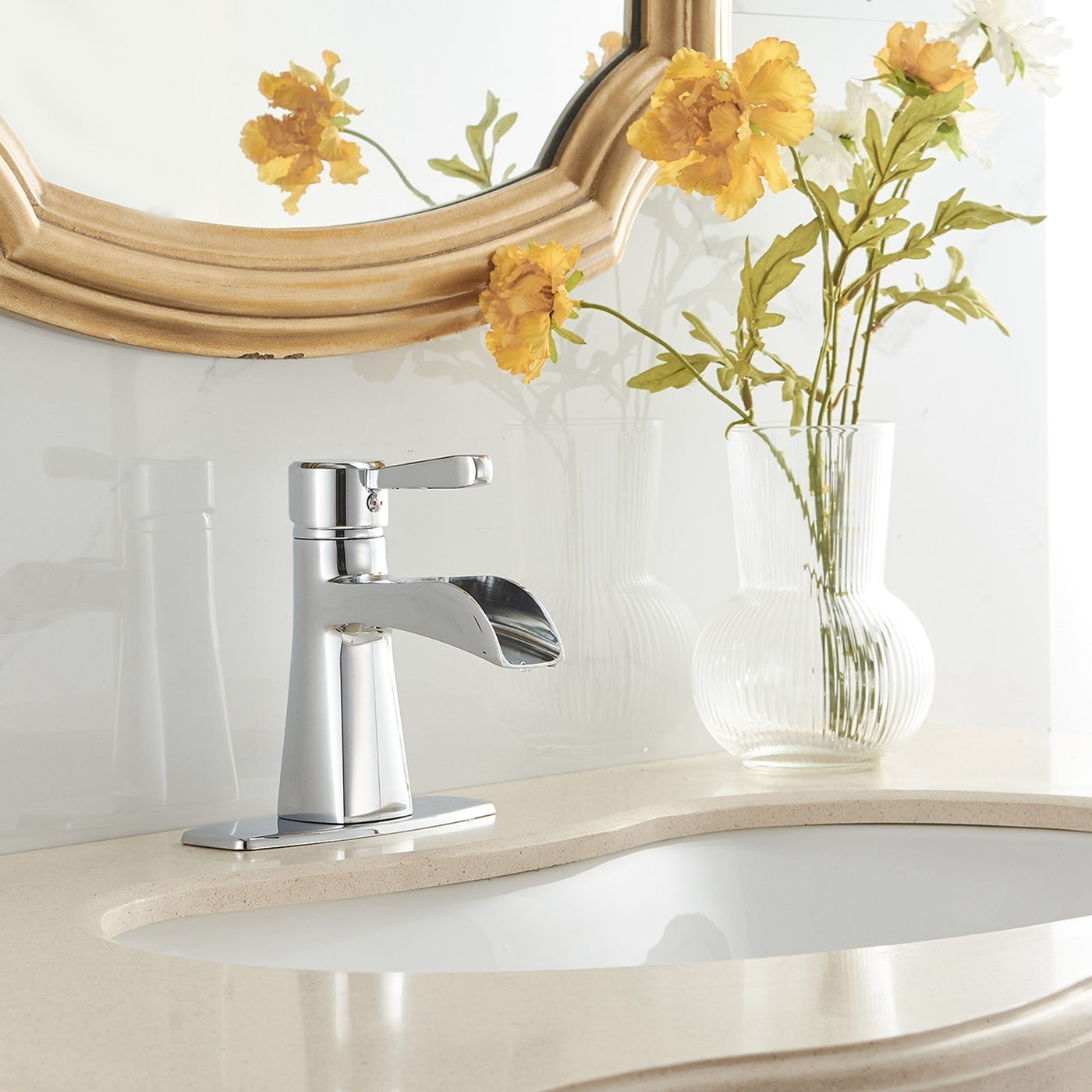 Chrome Waterfall Bathroom Sink Faucet with Single-Handle Low-Arc Design and Pop-up Drain