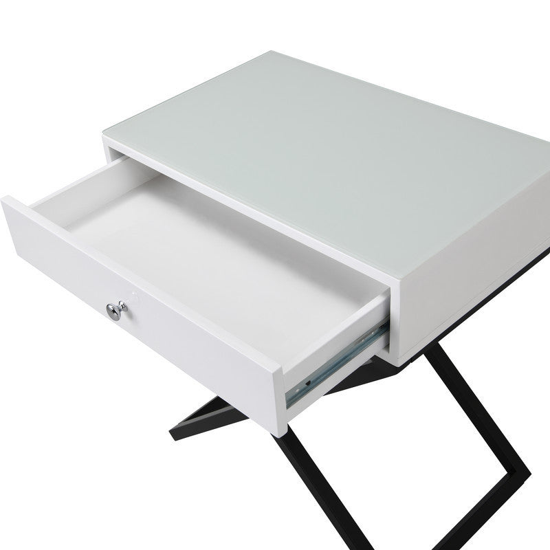 Koda White Wooden End Side Table Nightstand with Glass Top, Drawer and Metal Cross Base