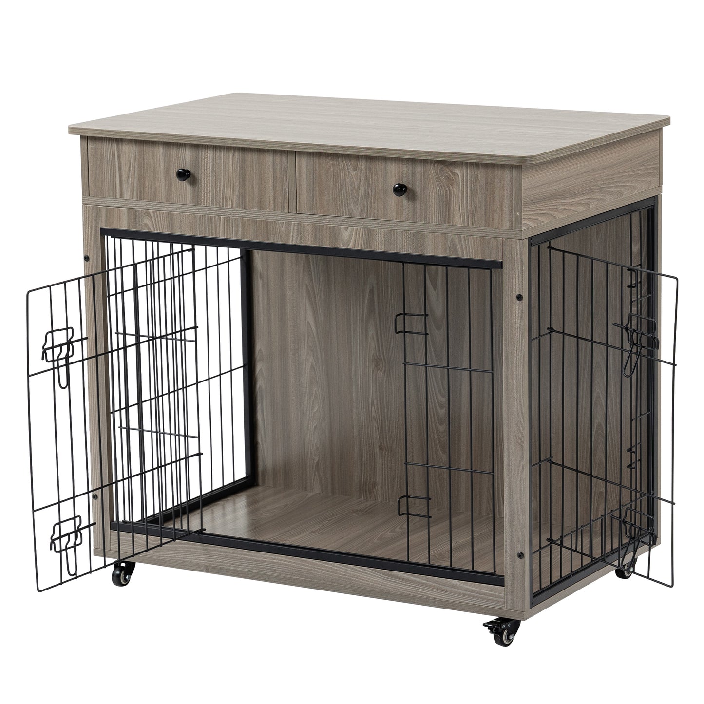 Dog Crate Furniture, Wooden Dog House, Decorative Dog Kennel with Drawer, Indoor Pet Crate End Table for Small Dog, Steel-Tube Dog Cage, Chew-Proof, Grey 31.7" L×23.2" W×33" H