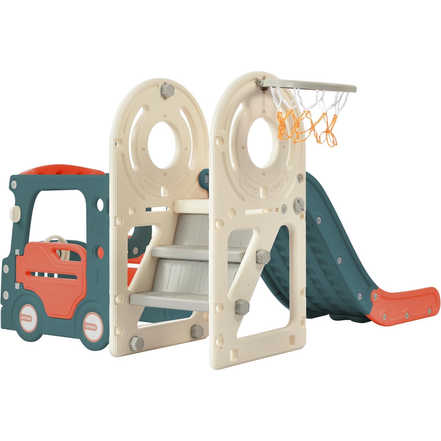 Children's Freestanding Bus Slide and Play Structure with Basketball Hoop