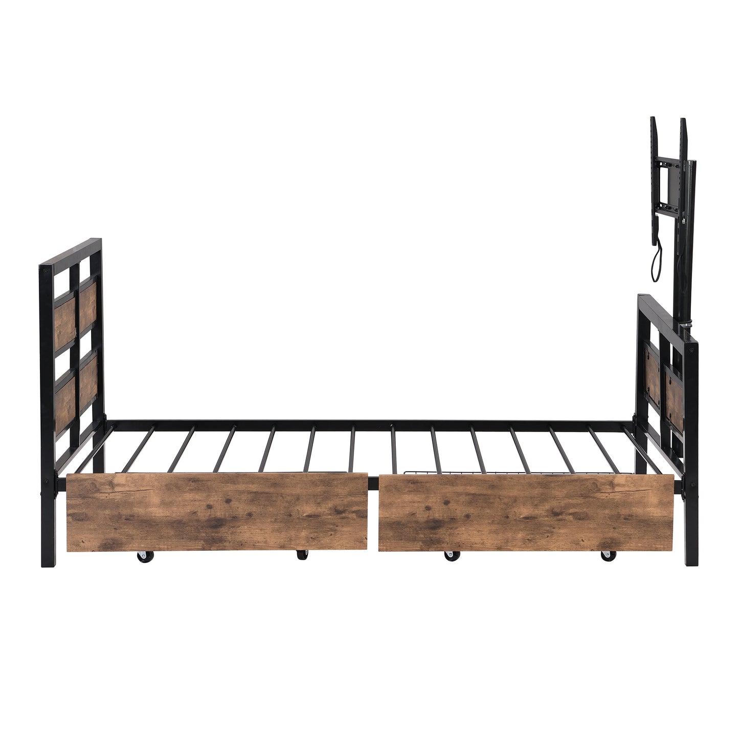 Twin Size Metal Platform Bed with MDF Headboard and Footboard,Two Storage Drawers and Rotatable TV Stand,Black - Modern Industrial Design Twin Bed with TV Stand and Storage