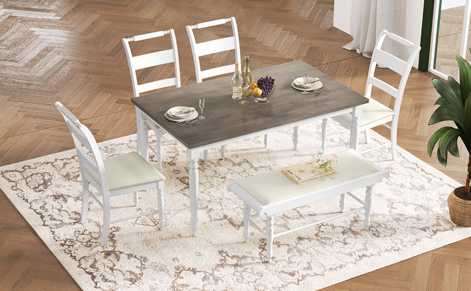 6-peice Dining Set with Turned Legs, Kitchen Table Set with Upholstered Dining Chairs and Bench,Retro Style, White