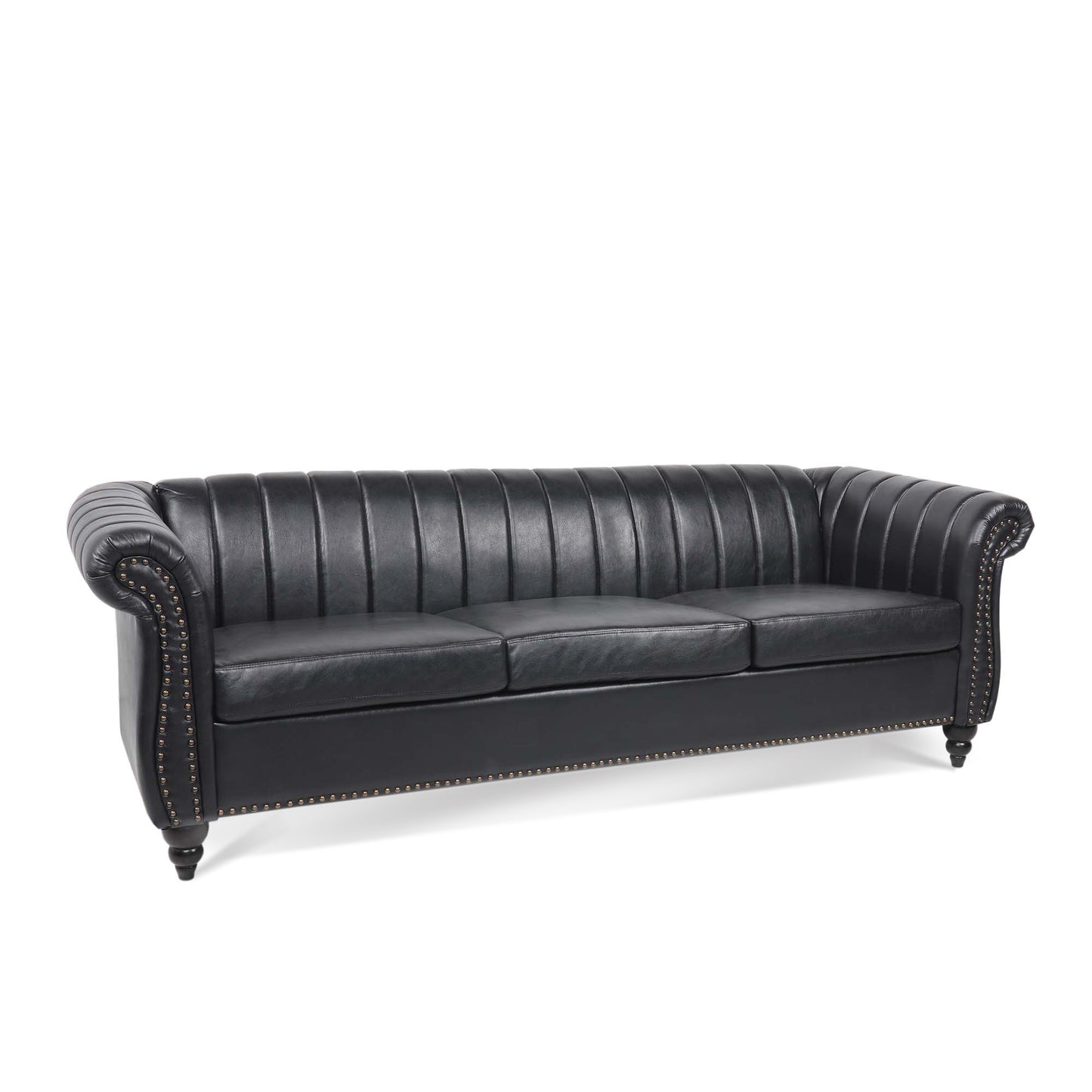 Elegant Black PU Rolled Arm Chesterfield Three-Seater Sofa, 83.46