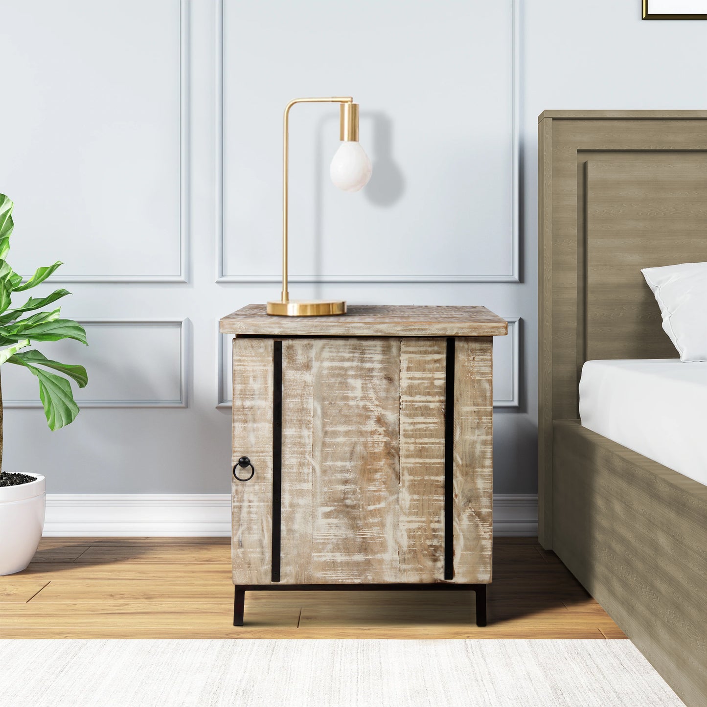 Wooden Bedside Table with 1 Door and Metal Frame, Antique White and Black