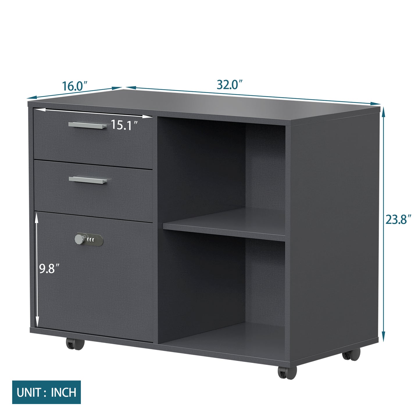 Lockable Rolling File Cabinet with Combination Lock, Dark Gray