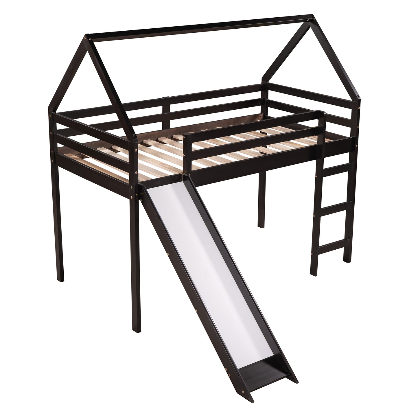 Twin Size Loft Bed with Slide, House Bed with Slide,Espresso( :WF281158AAP)