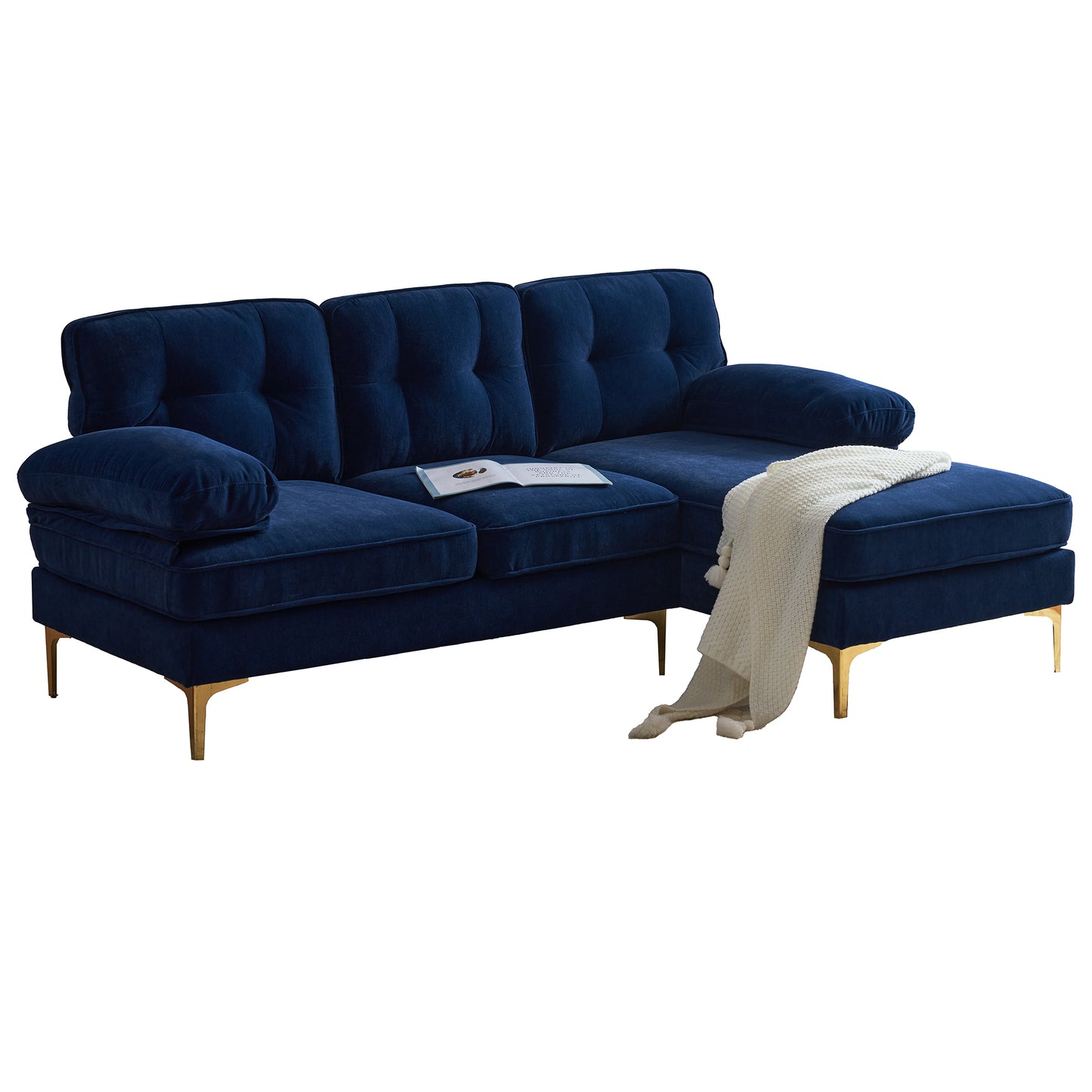 83 Blue Velvet L-Shaped Sectional Sofa with Mid-Century Modern Vibes