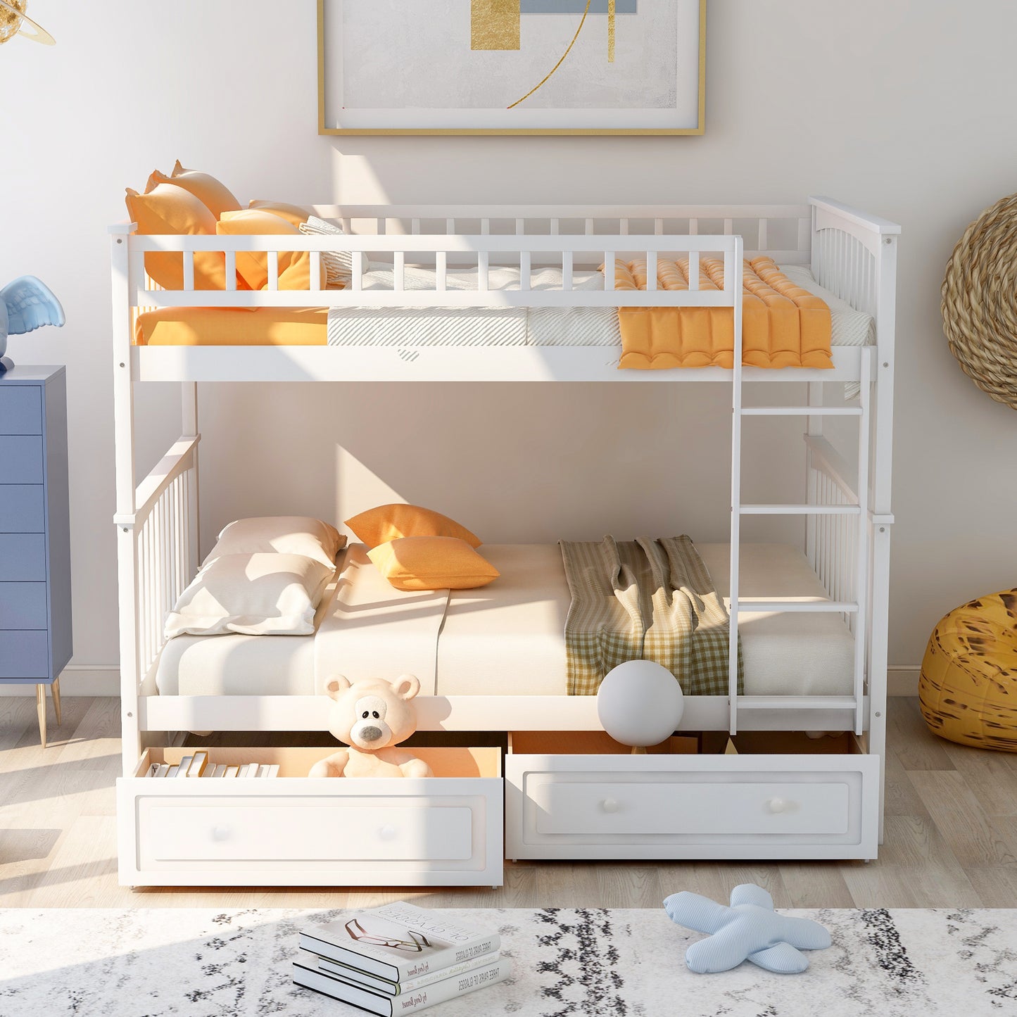 White Full over Full Bunk Bed with Convertible Daybeds, Drawers, and Storage