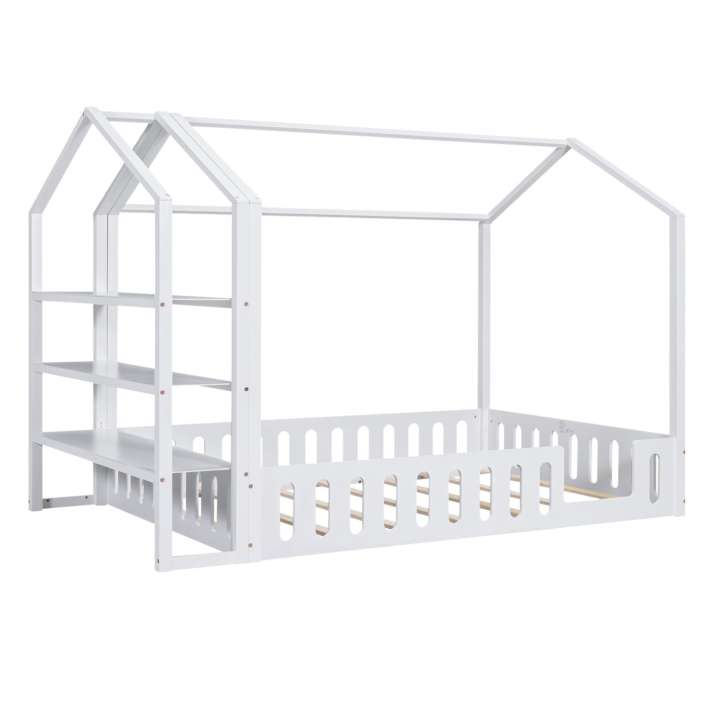 Full Size Wood House Bed with Fence and Detachable Storage Shelves, White(Expected Arrival Time: 1.7)