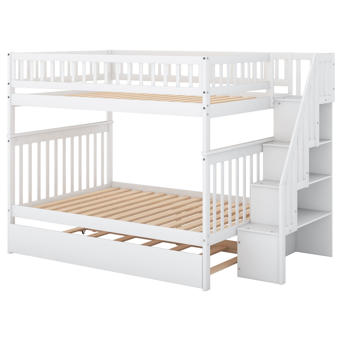 White Full over Full Bunk Bed with Trundle, Staircase, and Storage - Space-Saving Full Bunk Bed with Trundle