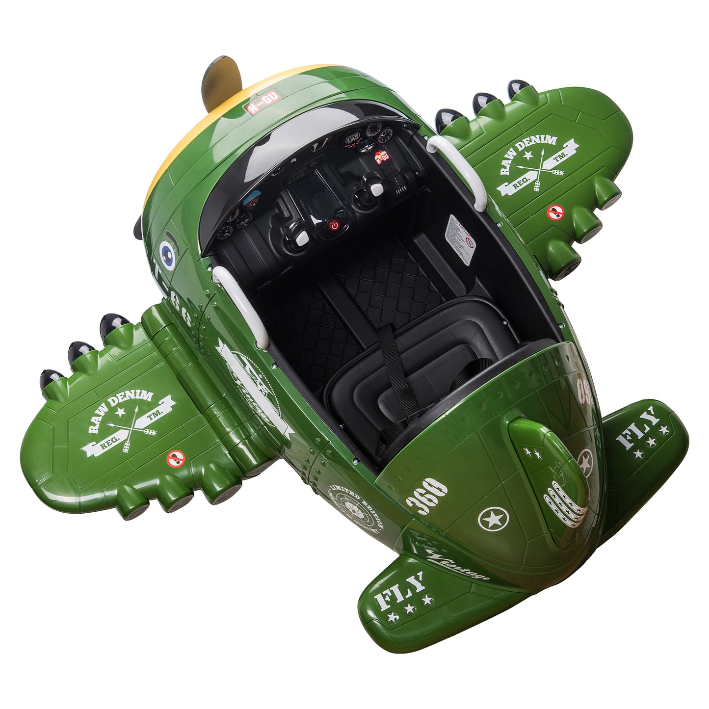 12V Electric Ride-On Toy Plane with 360-Degree Rotating Feature, USB, FM, and Remote Control for Kids 3 to 6, Army Green