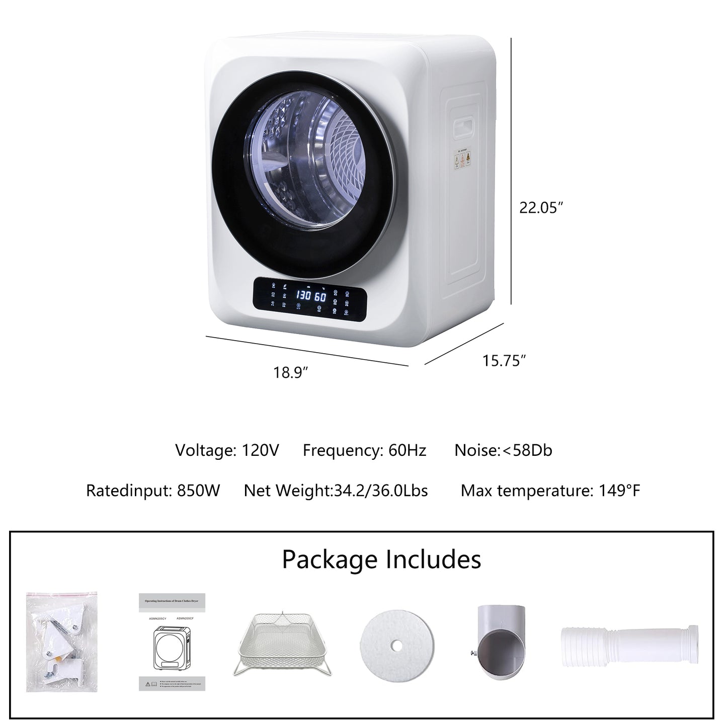 6.6lbs Portable Mini Cloth Dryer Machine FCC Certificate PTC Heating Tumble Dryer Electric Control Panel,White Body with Glass Door,120V/850W,for Home/Apartment/Dorms,UV Sterilizaiton,Digital display