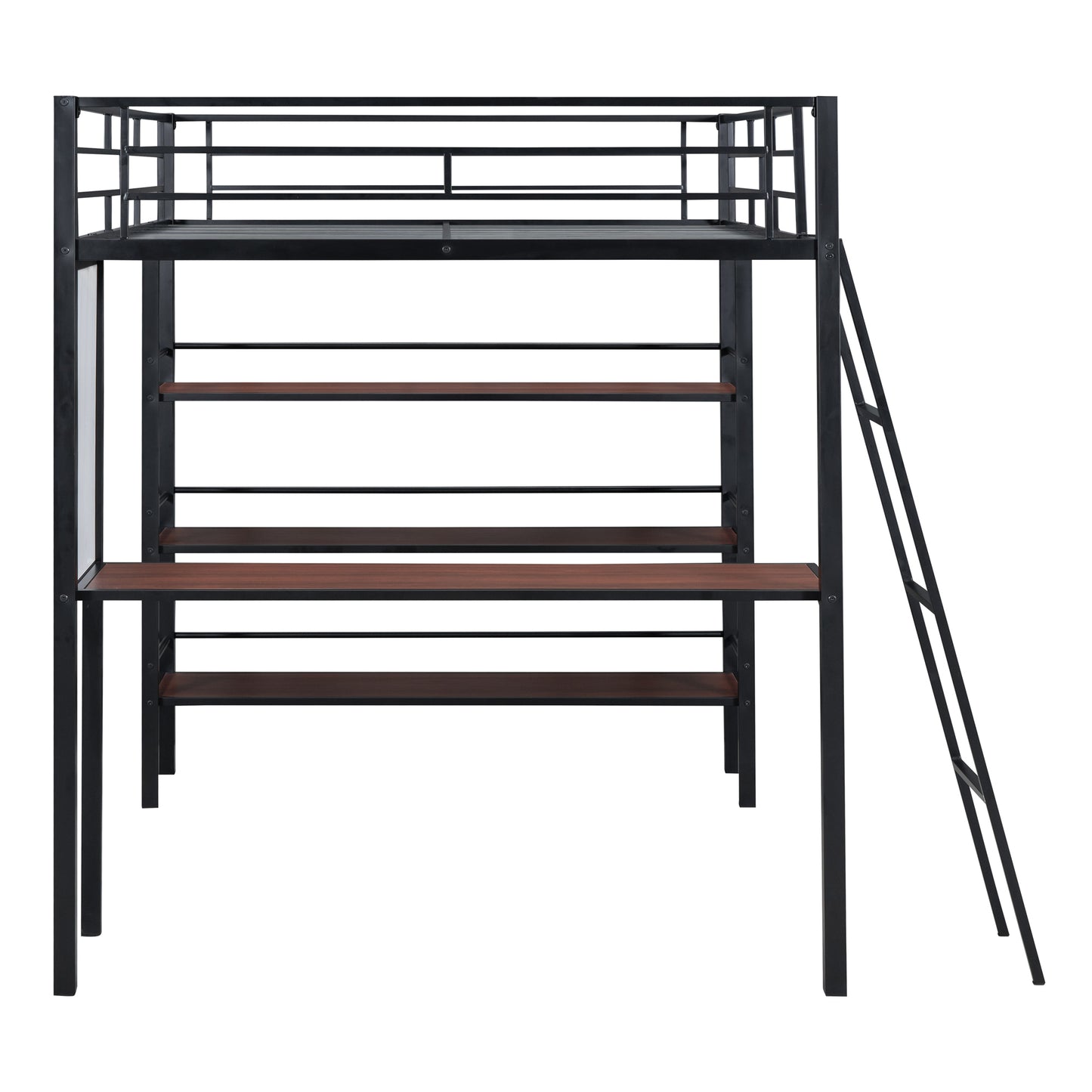 Full Size Loft Metal Bed with 3 Layers of Shelves and Desk, Stylish Metal Frame Bed with Whiteboard, Black