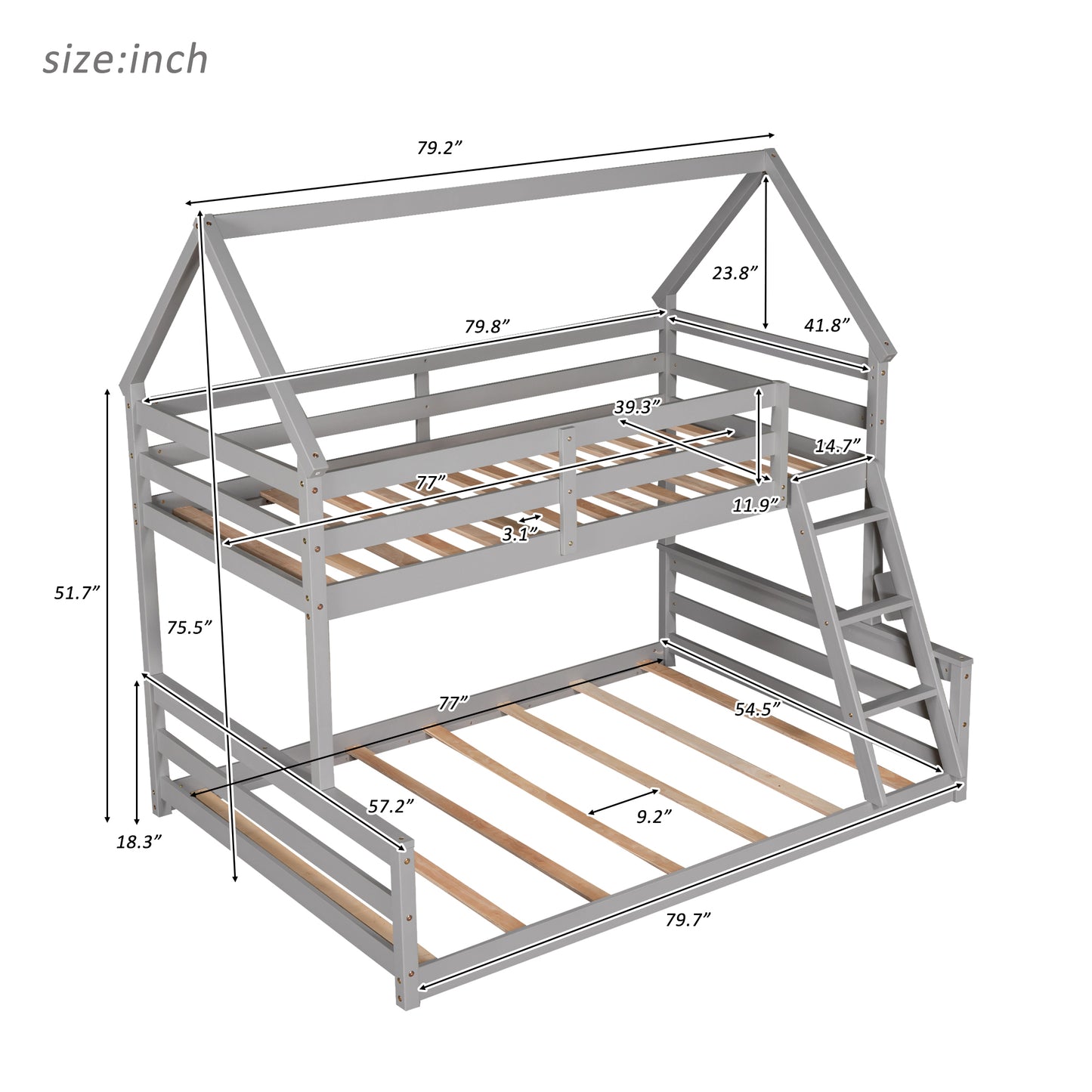 Gray Twin over Full House Bunk Bed with Loft Ladder