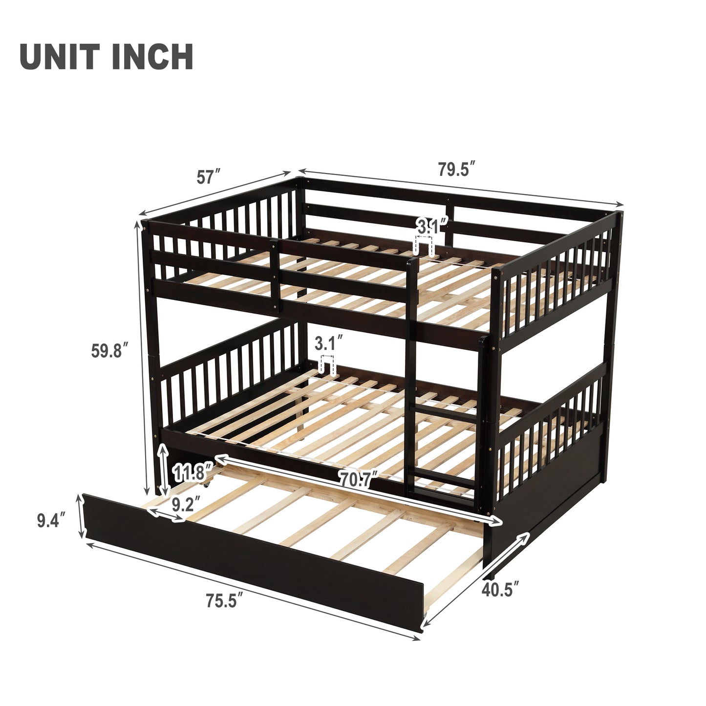 Espresso Rustic Full Size Bunk Bed Set with Trundle