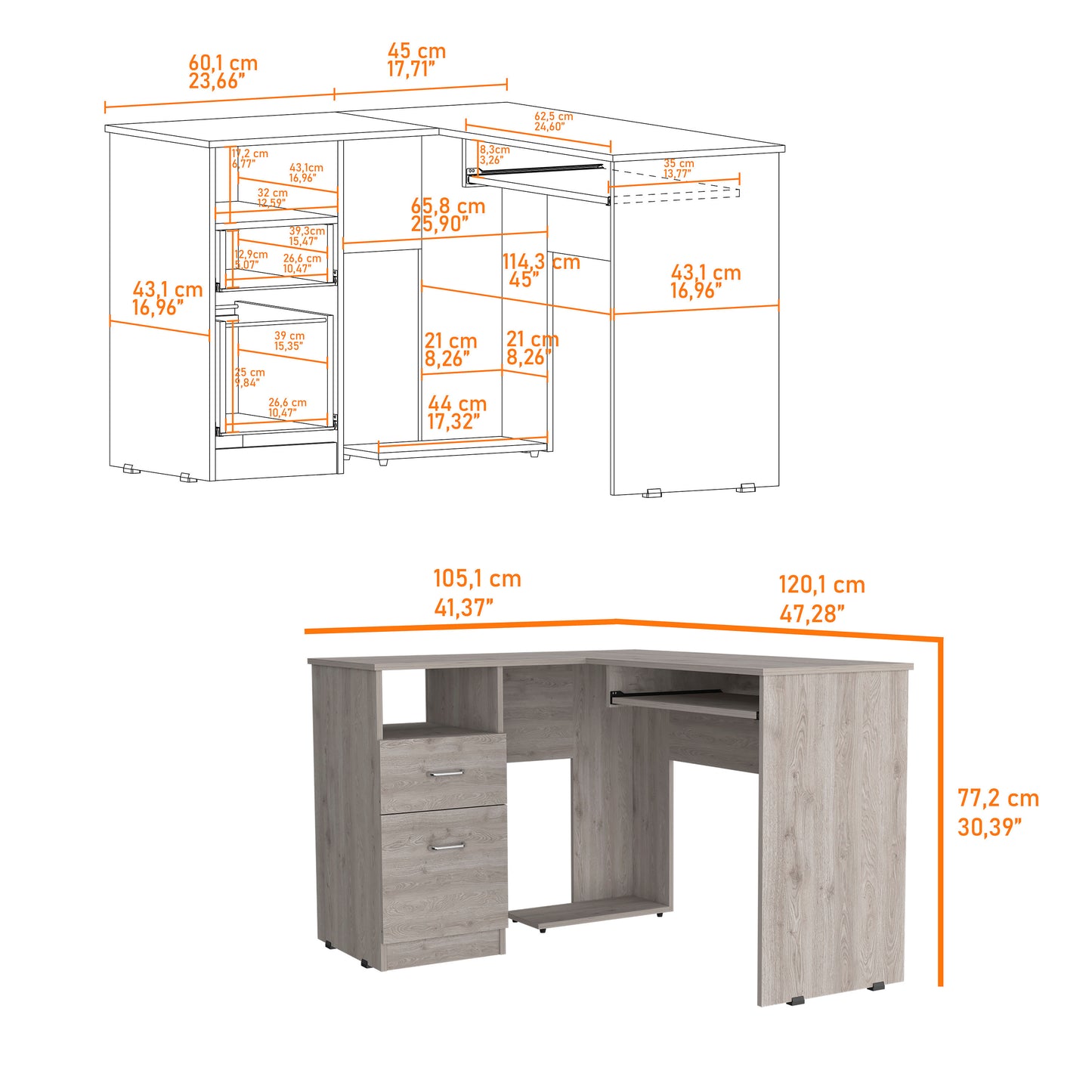 L-Shaped Computer Workstation with Drawer and Shelf in Light Gray